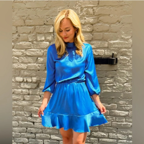 NWT BTFBM Blue Turquoise 3/4 Sleeve Satin Mini Stretch Dress A-Line Ruffle Hem L - Picture 1 of 16